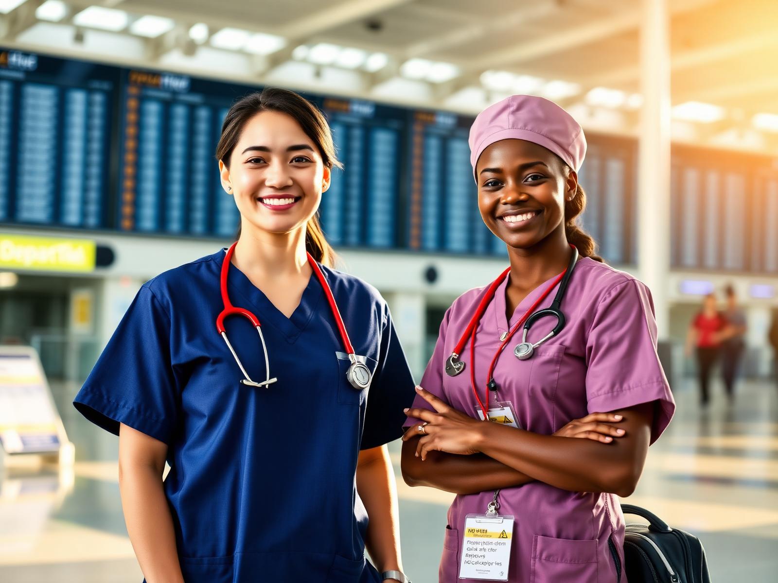 A nurse and a caregiver smiling at an international airport, ready to begin work abroad